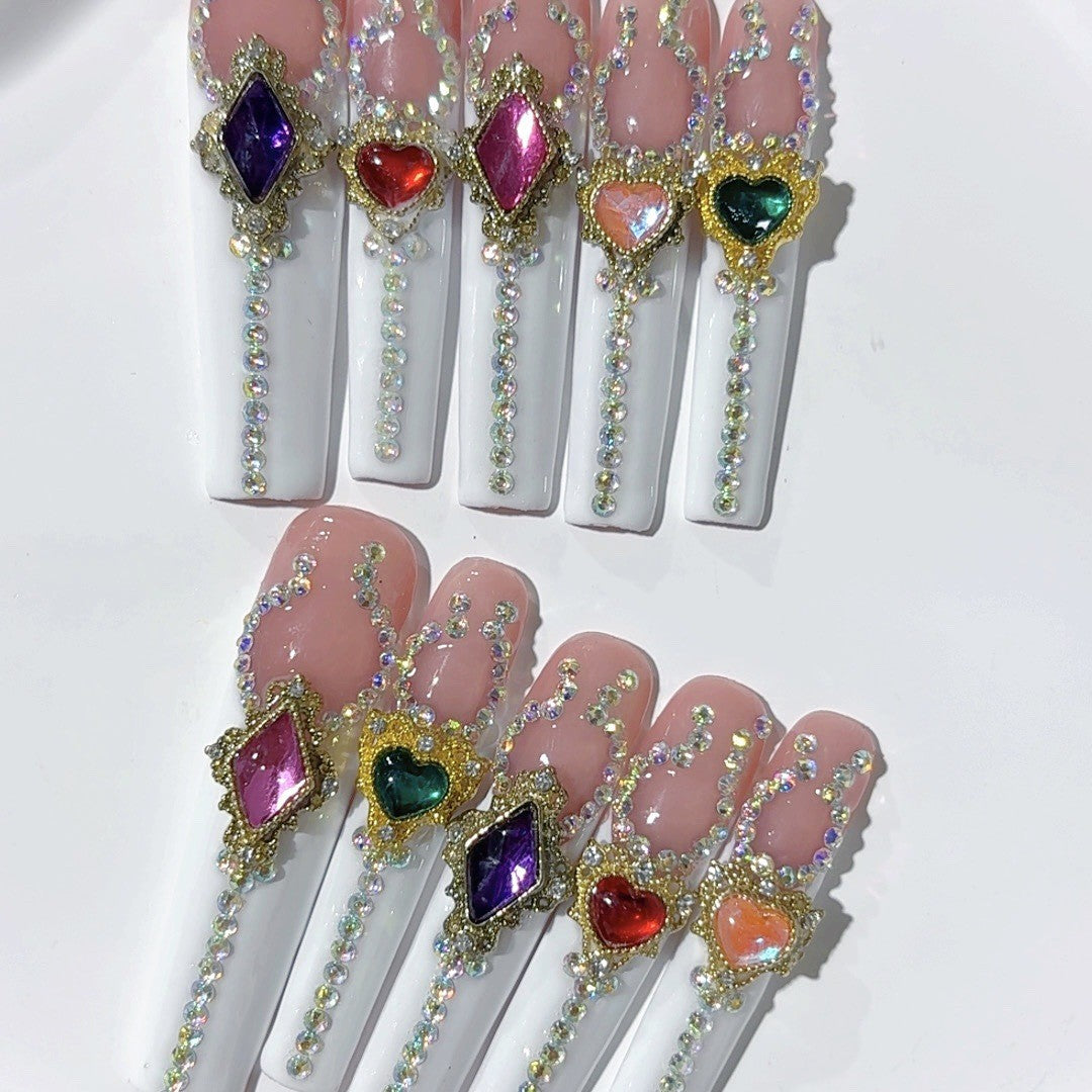 Multicolor Heart Gem Extra Long Press On Nails