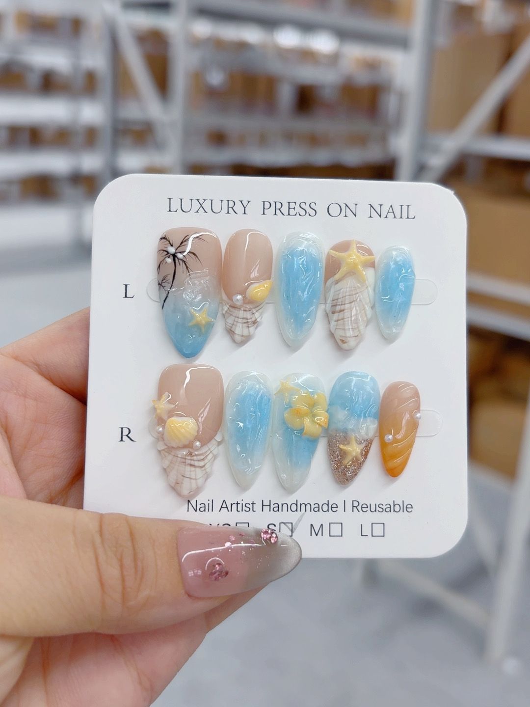 365nails-Ocean Treasure：「貝殼海星」– 杏仁形 手工製 3D 刻雕 穿戴甲