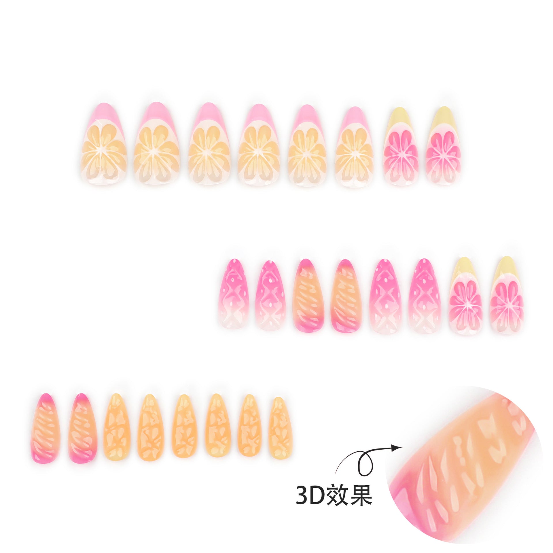 Unhas curtas de amêndoa frescas, 3D, fruta tridimensional, limão francês, laranja, atacado｜365nails
