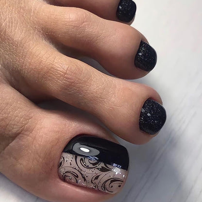 Simple solid color foot nail patch wholesale pattern classic black splicing nail glitter short ｜365nails