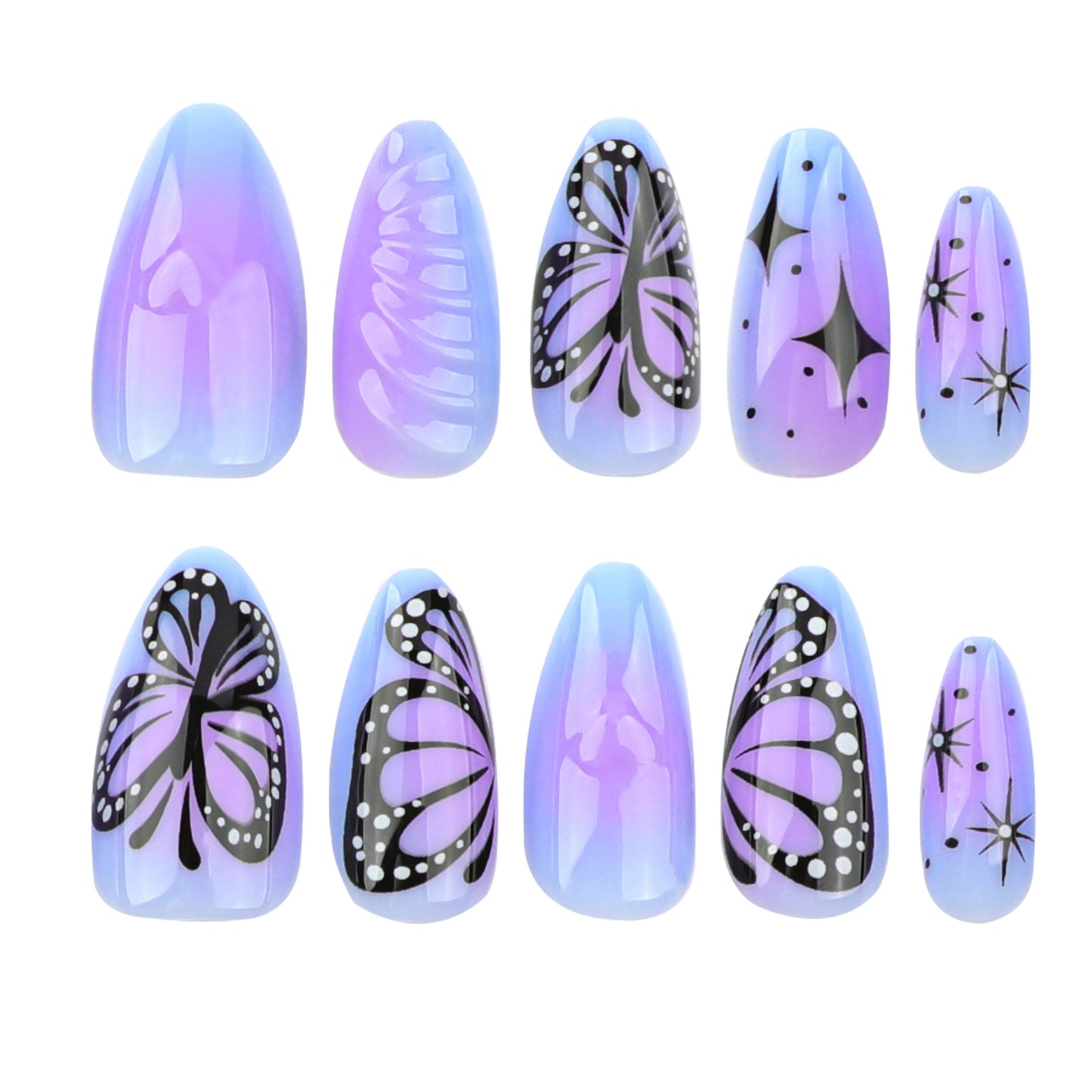 Mancha roxa 3D amor pressione unhas curtas amêndoa manicure unha postiça borboleta estrela unhas remendo unha ｜ 365nails