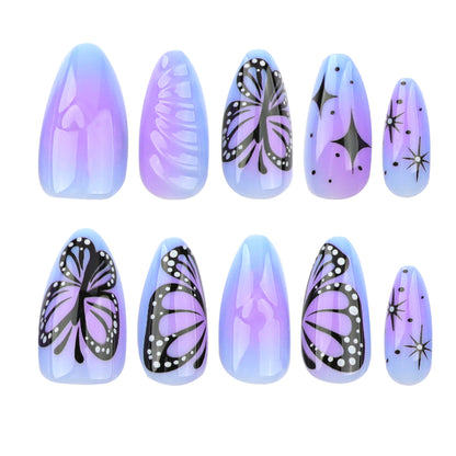 Mancha roxa 3D amor pressione unhas curtas amêndoa manicure unha postiça borboleta estrela unhas remendo unha ｜ 365nails