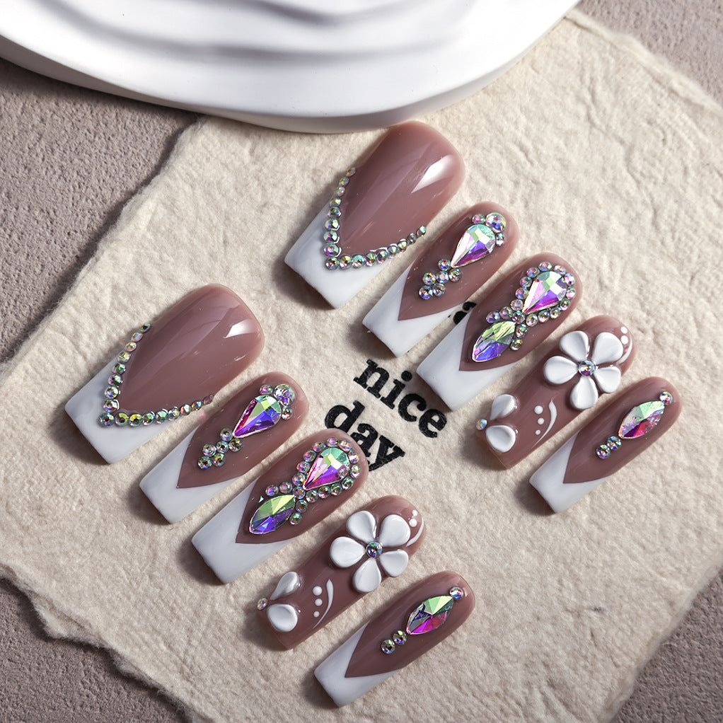 Nude French Crystal Floral Press-On Nails