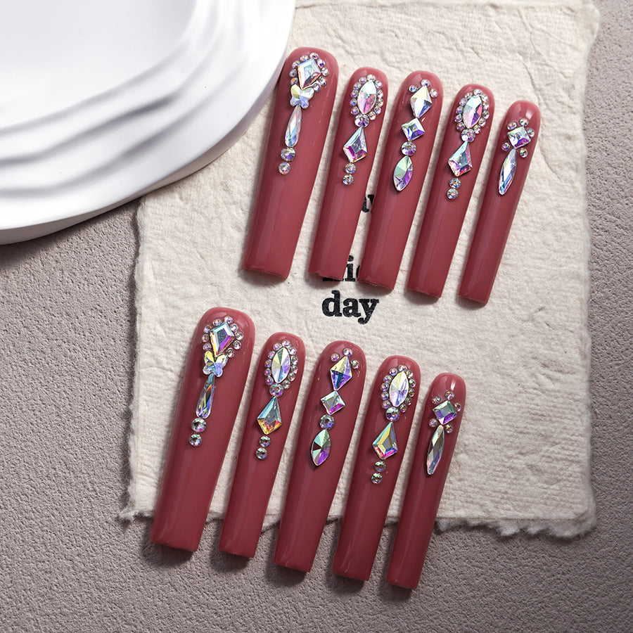 Burgundy Crystal Long Nails with Sleek Glam Embellishments