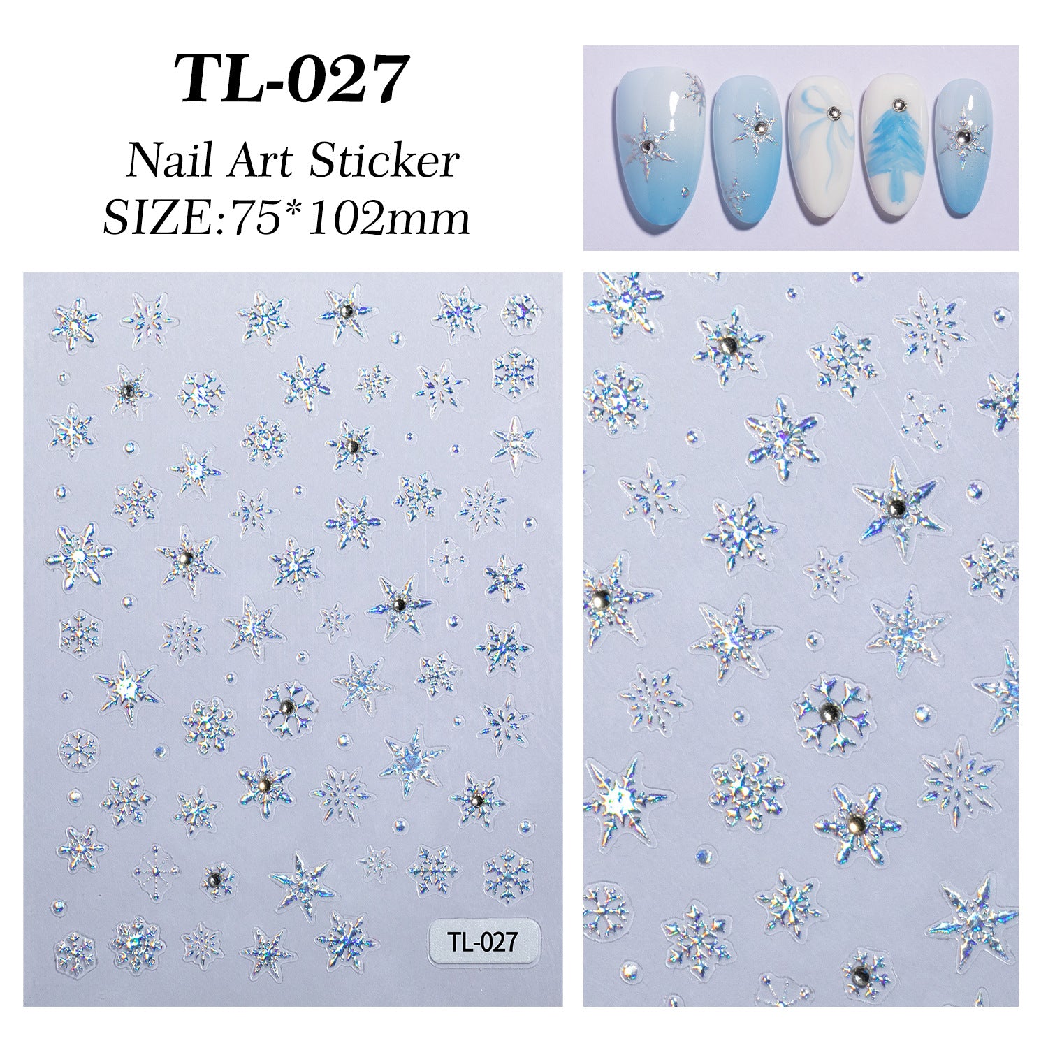 Sticker pour ongles flocon en cristal diamant argenté 5D en relief — estampage à chaud, DIY (modèle TL)