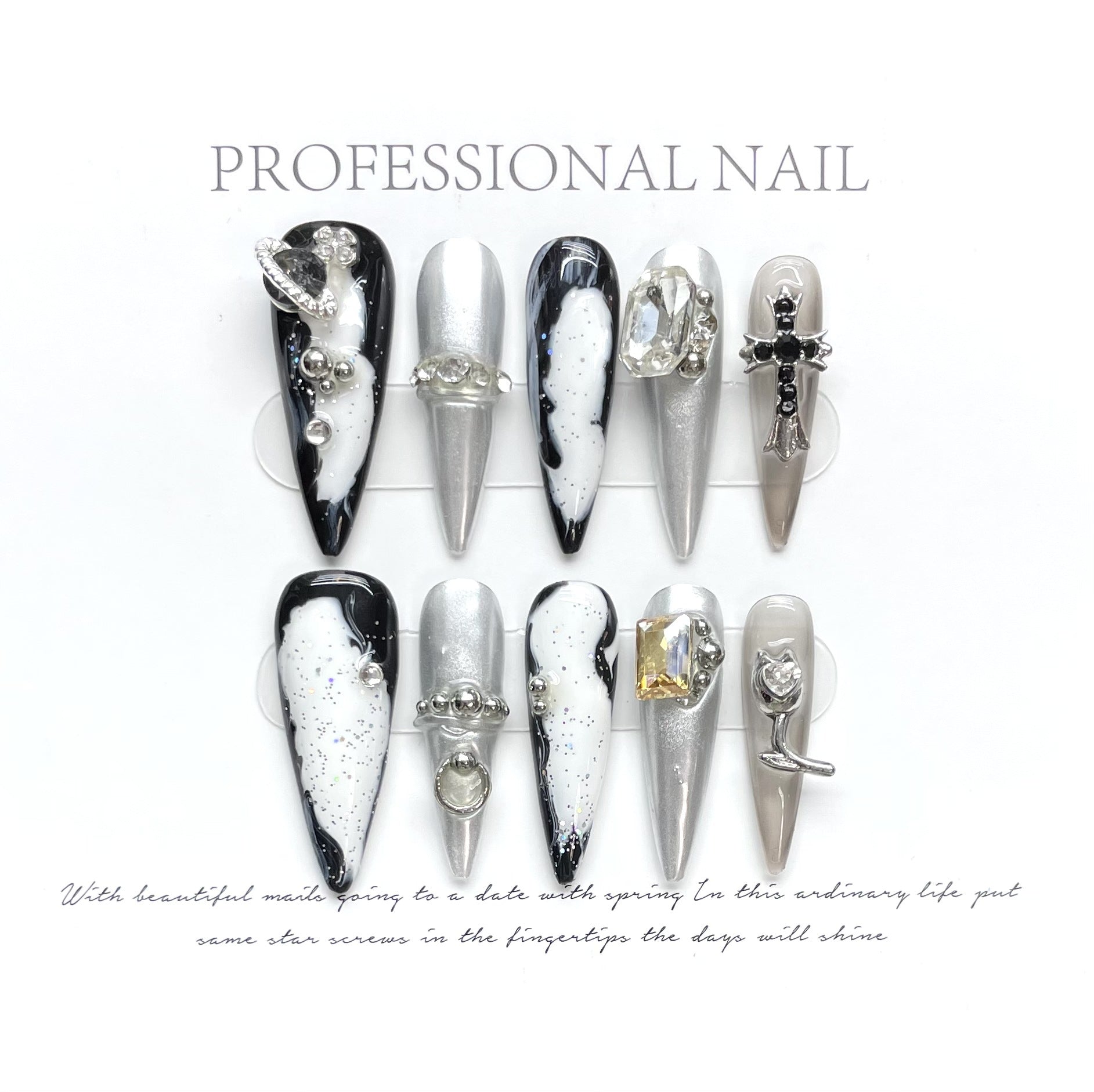 handmade press on nails Psychedelic Empress Dowager Silver White Silver Flash Spice Girl Nail Art  Long Tip Nail Type | 365nails