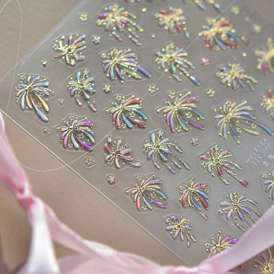 Holographic Firework Nail Stickers – 3D Embossed Iridescent Celebration Set