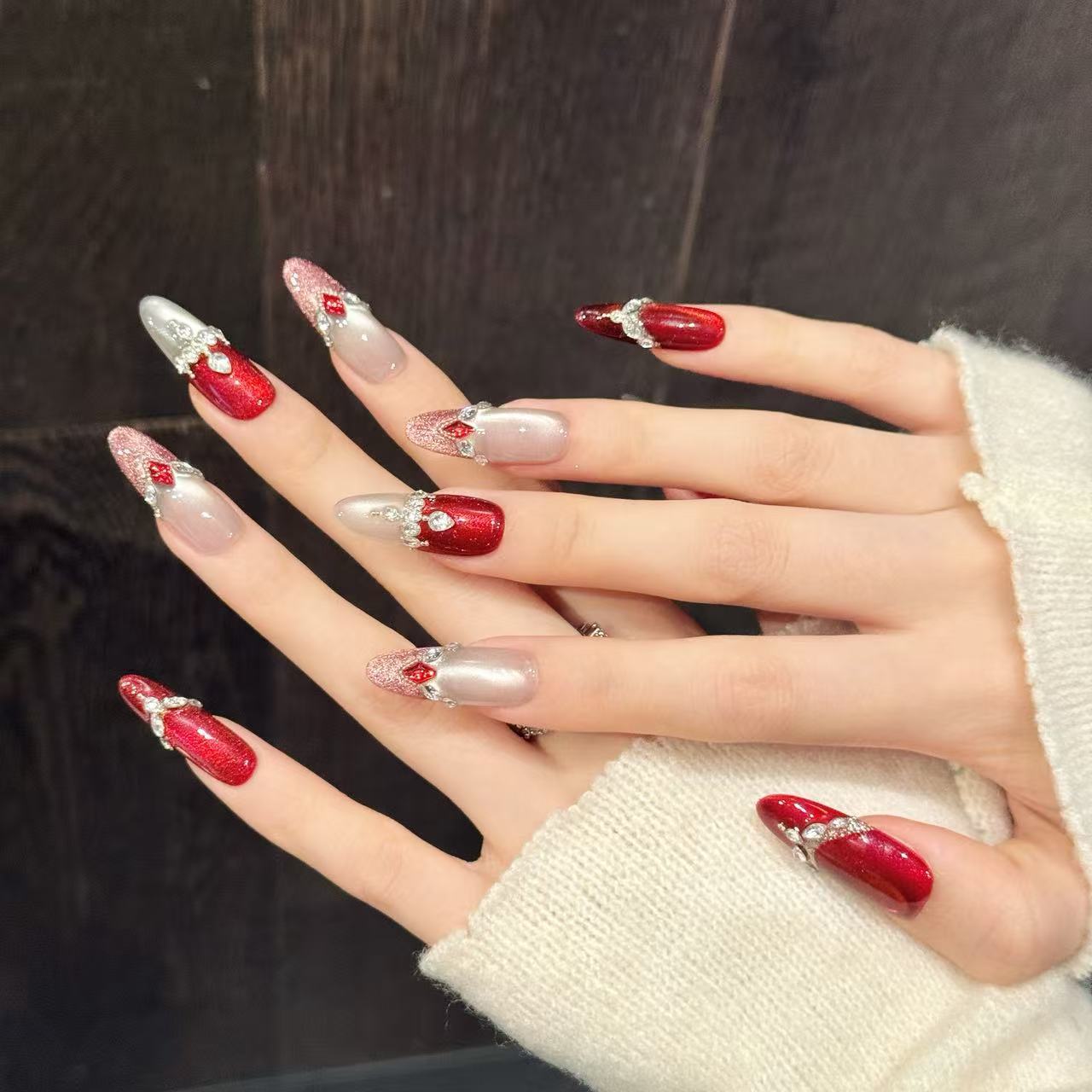 Luxurious Ruby Red Cat Eye Silver Gemstone Press-On Nails