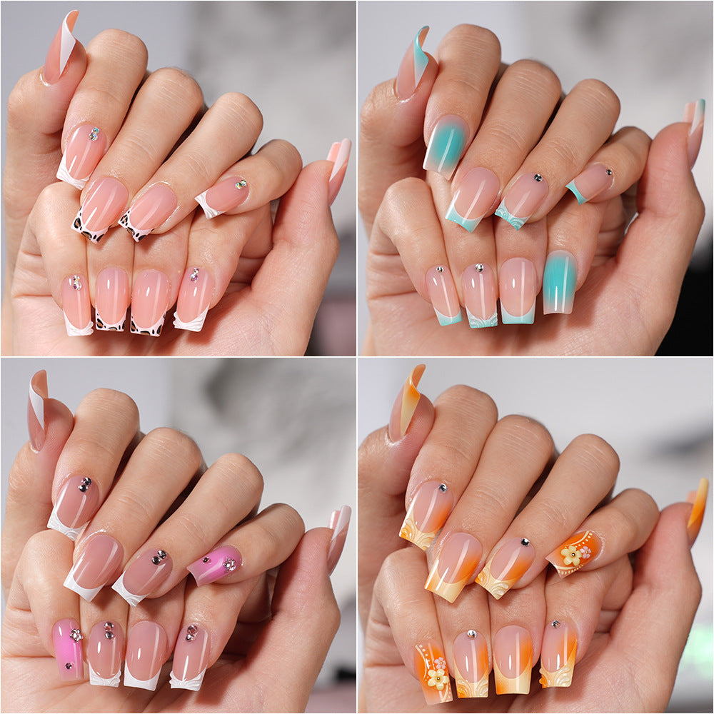 Orange French Floral Crystal Press On Nails (MOQ=3)