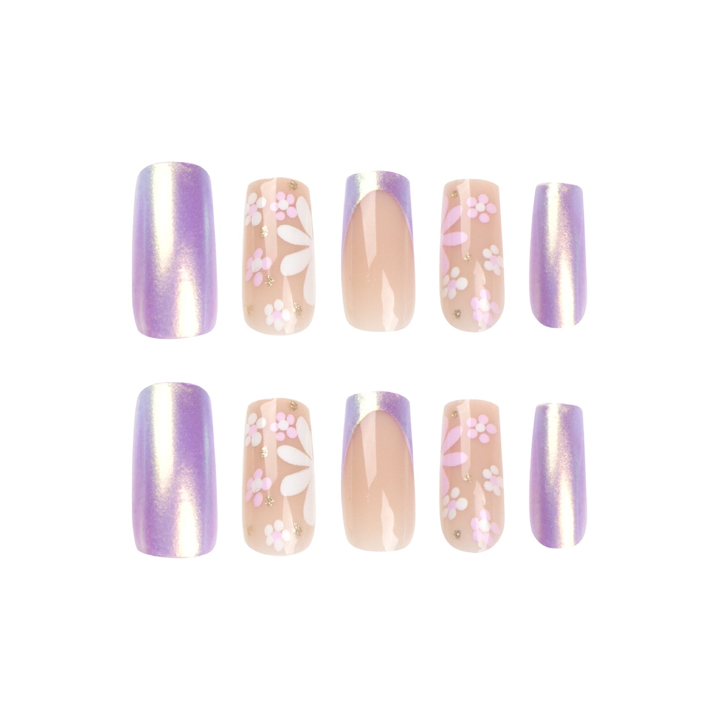 Adesivo de unhas postiças, unhas de camaleão polarizadas com flores rosa e brancas, arte de unhas finalizada, unhas postiças removíveis, produto finalizado｜365nails