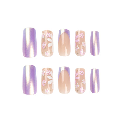 Adesivo de unhas postiças, unhas de camaleão polarizadas com flores rosa e brancas, arte de unhas finalizada, unhas postiças removíveis, produto finalizado｜365nails