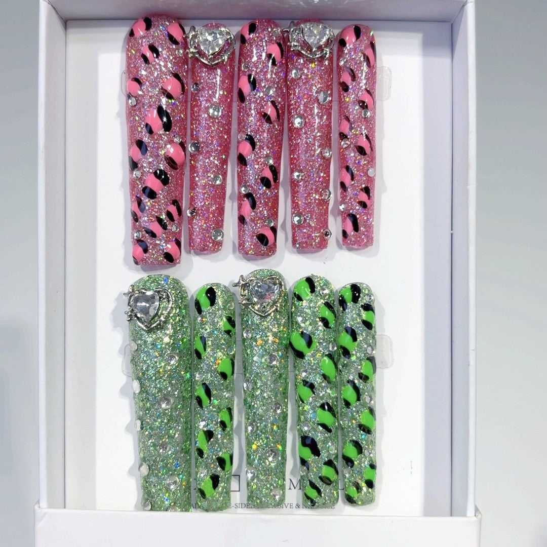 Y2K Leopard Glitter Extra Long Press On Nails