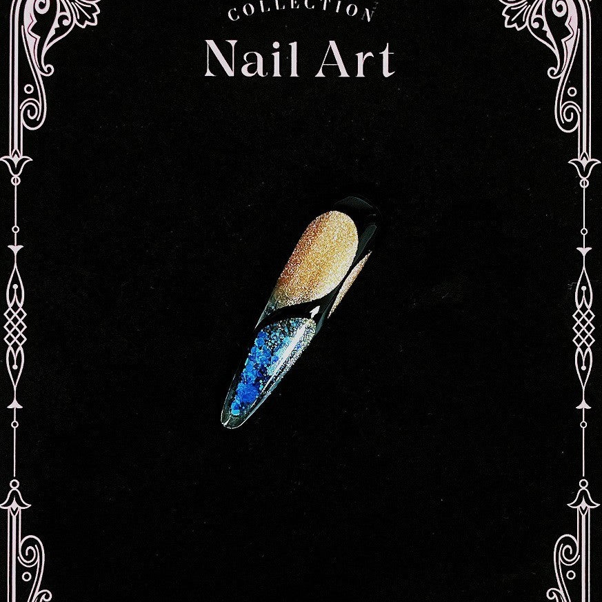 Title Midnight Deep-Sea | Black-Gold Blue Crystal Art Series Press-On Nails