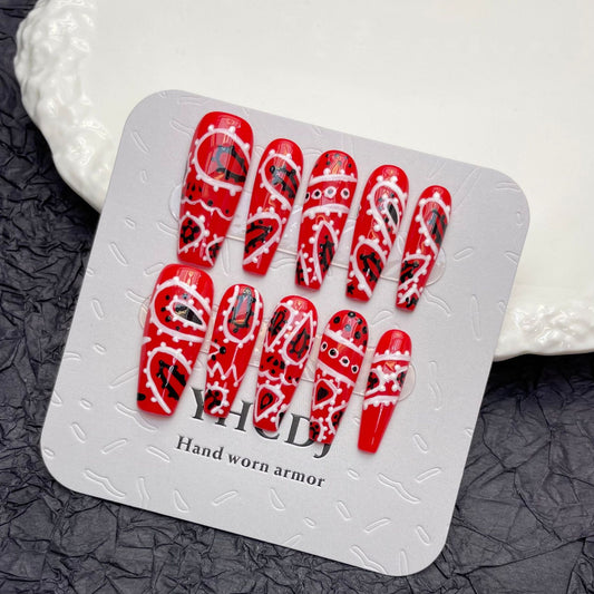 [Style] Purely handmade press-on nails red hand-painted record press-on nails art removable Halloween graffiti nail art | 365nails