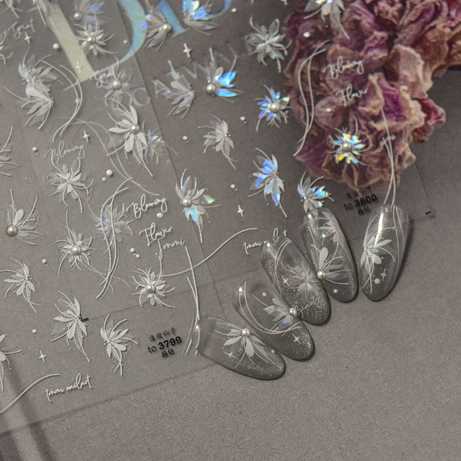 夢幻虹彩盛開花指甲貼紙 | 珍珠、水晶與文字貼飾