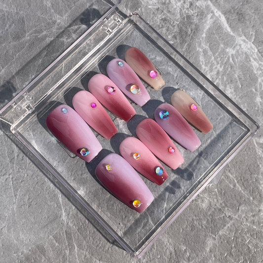 Unhas postiças artesanais com contas de sereia e bolhas, médias e longas, acabamento em patch de macaron, esquema de cores, mudança gradual, unhas postiças ｜ 365nails