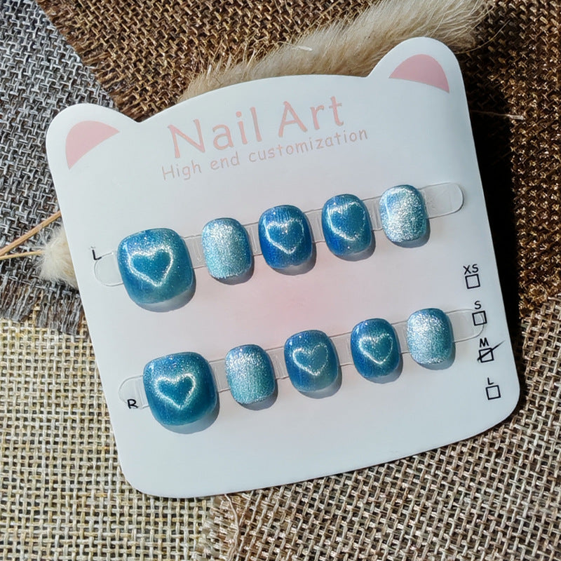365nails: "ocean blue cat-eye heart" – handmade press-on pedicure