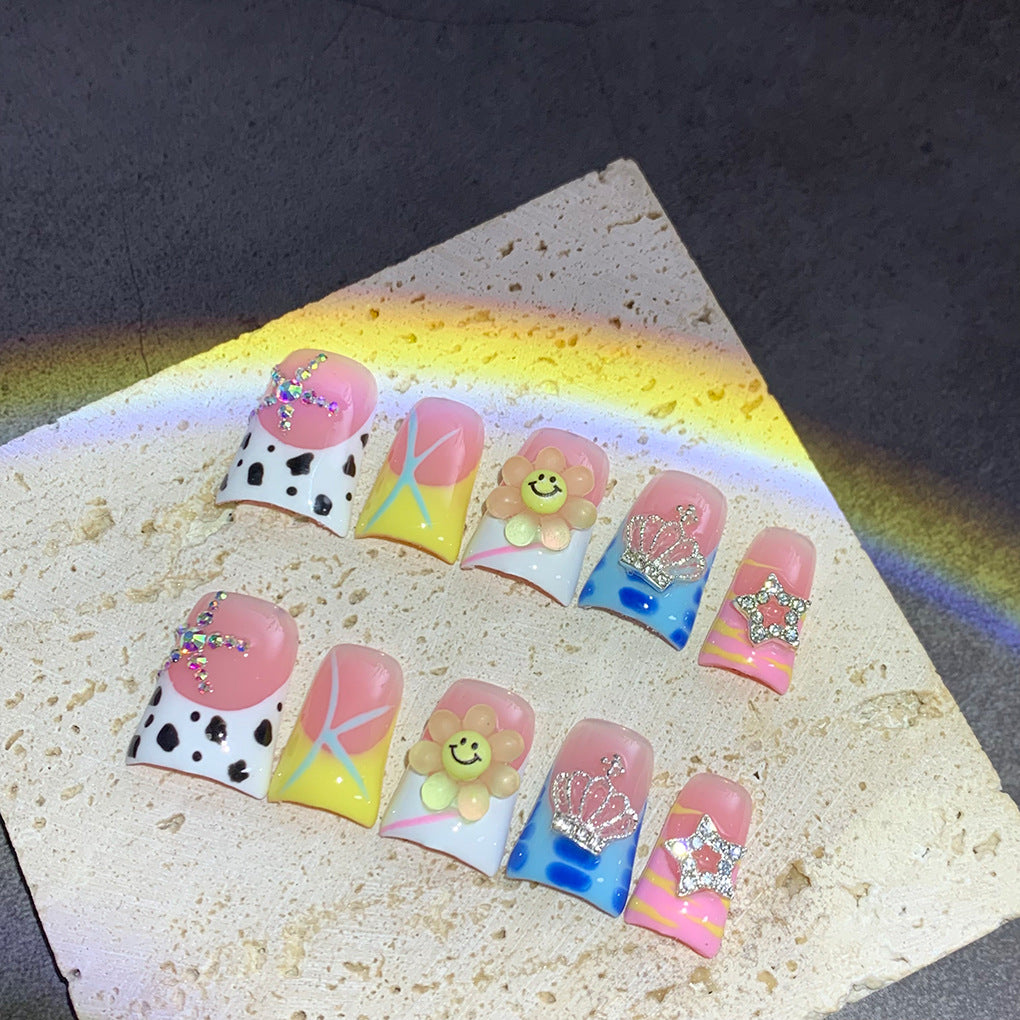 Colorful Pink Nails with Smiley Flower and Star Charms