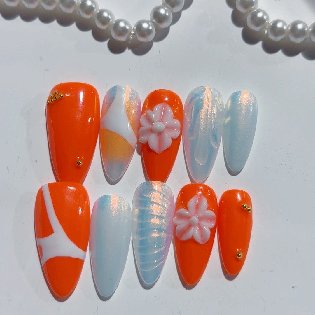 365nails-Coral Bloom: "Tropical Frangipani" – Almond Shape Handmade 3D Carved Press-On Nails