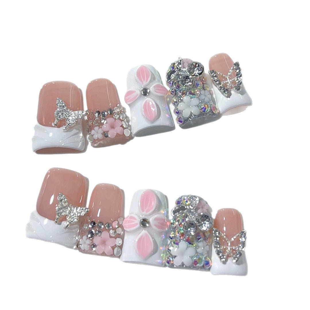 Jardin enchanté : "Cristal floral papillon" – Ongles press-on faits main carrés courts