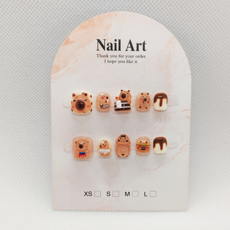 365nails: "caramel bakery bear" – unhas postiças redondas curtas artesanais para crianças