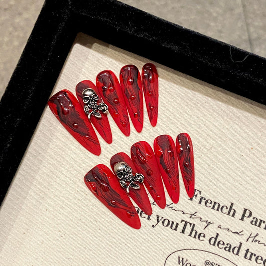 Long tip heavy industry handmade nails red ghost face beauty Europe and America extra long exaggerated nails dark | 365nails