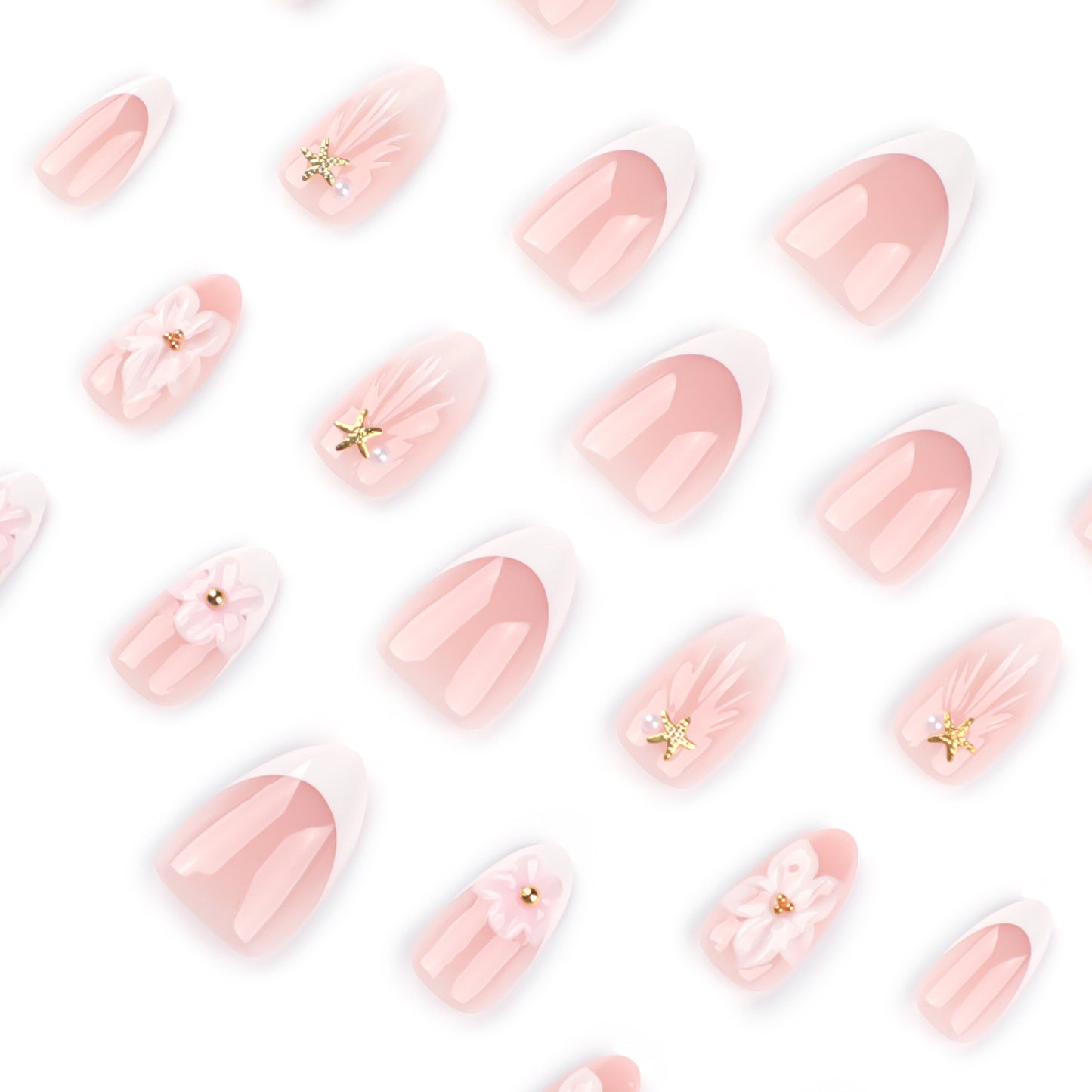 Short Almond 3D Stereo Pink Flower press-on nails