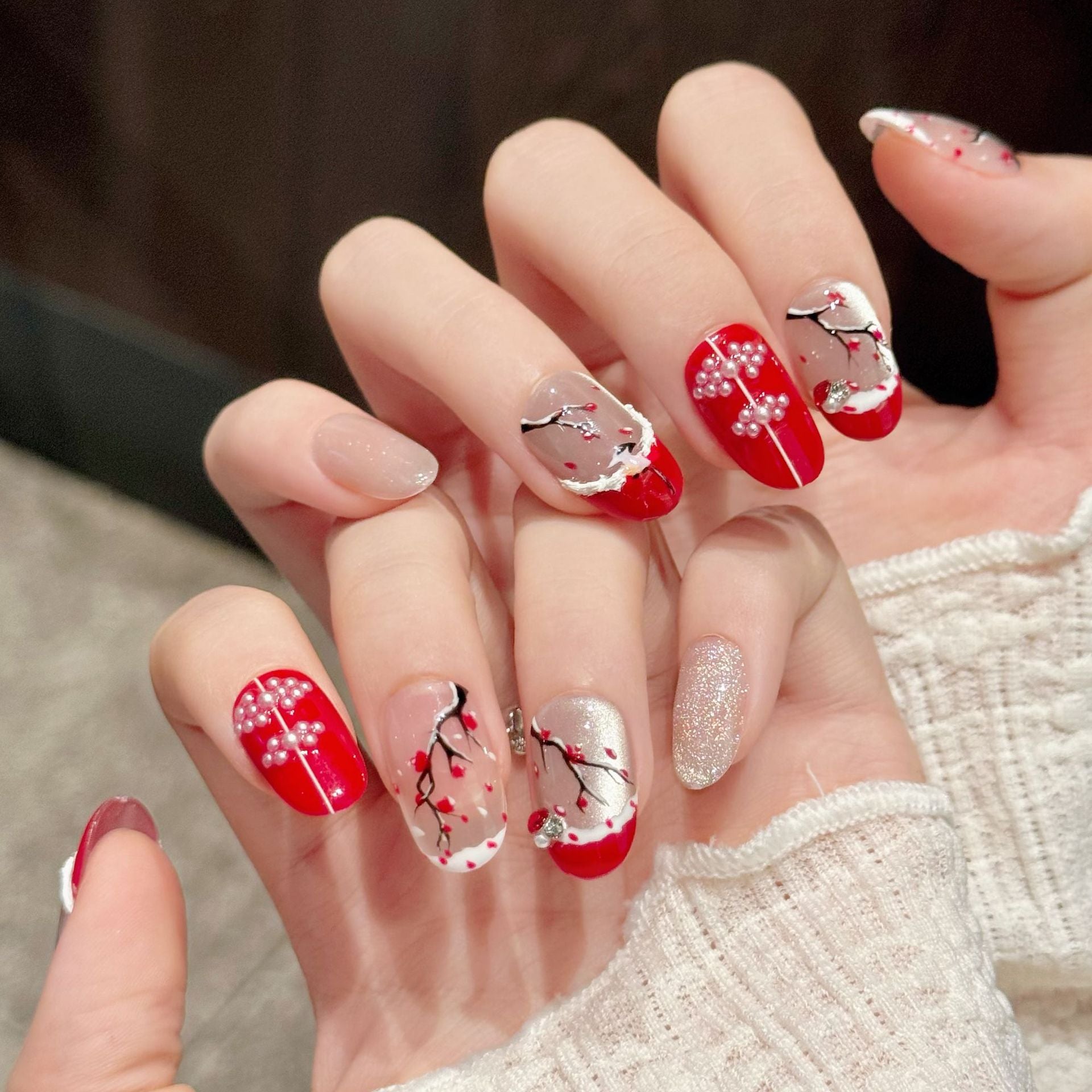365nails: "Plum Blossom Snow" – Hand-Painted Ink & Red French Tip Handmade Almond Nails