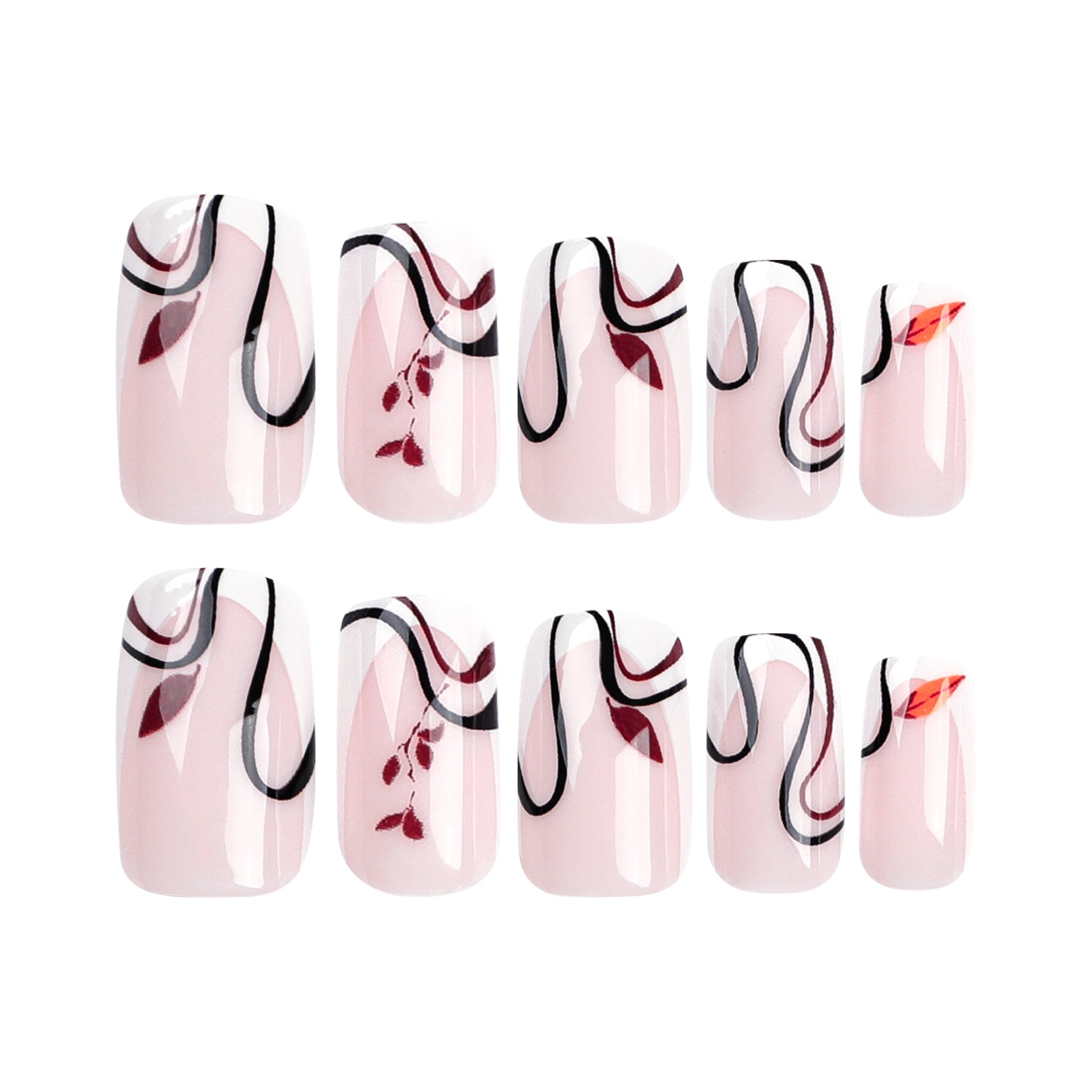法式白邊 秋冬落葉圖案 黑色弧線 方形穿戴甲片 批發｜365nails