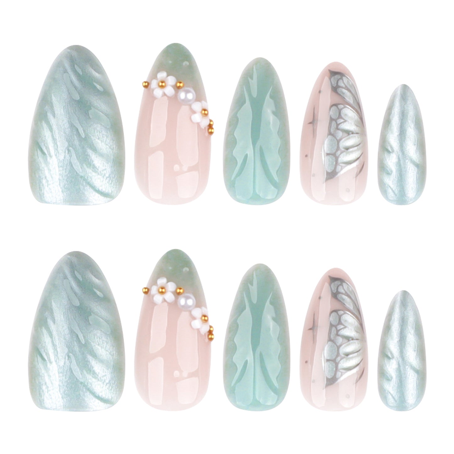 Mist Blue Pearl Accent Nails with Floral Details