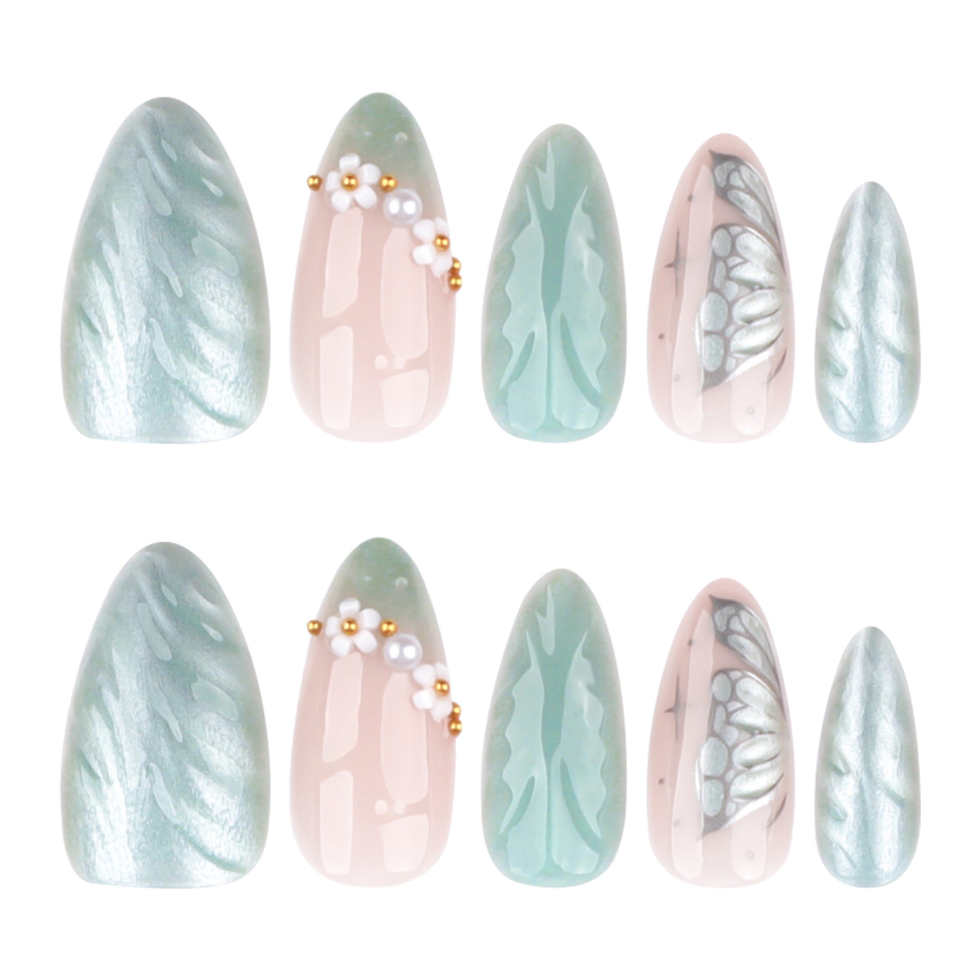 Mist Blue Pearl Accent Nails with Floral Details