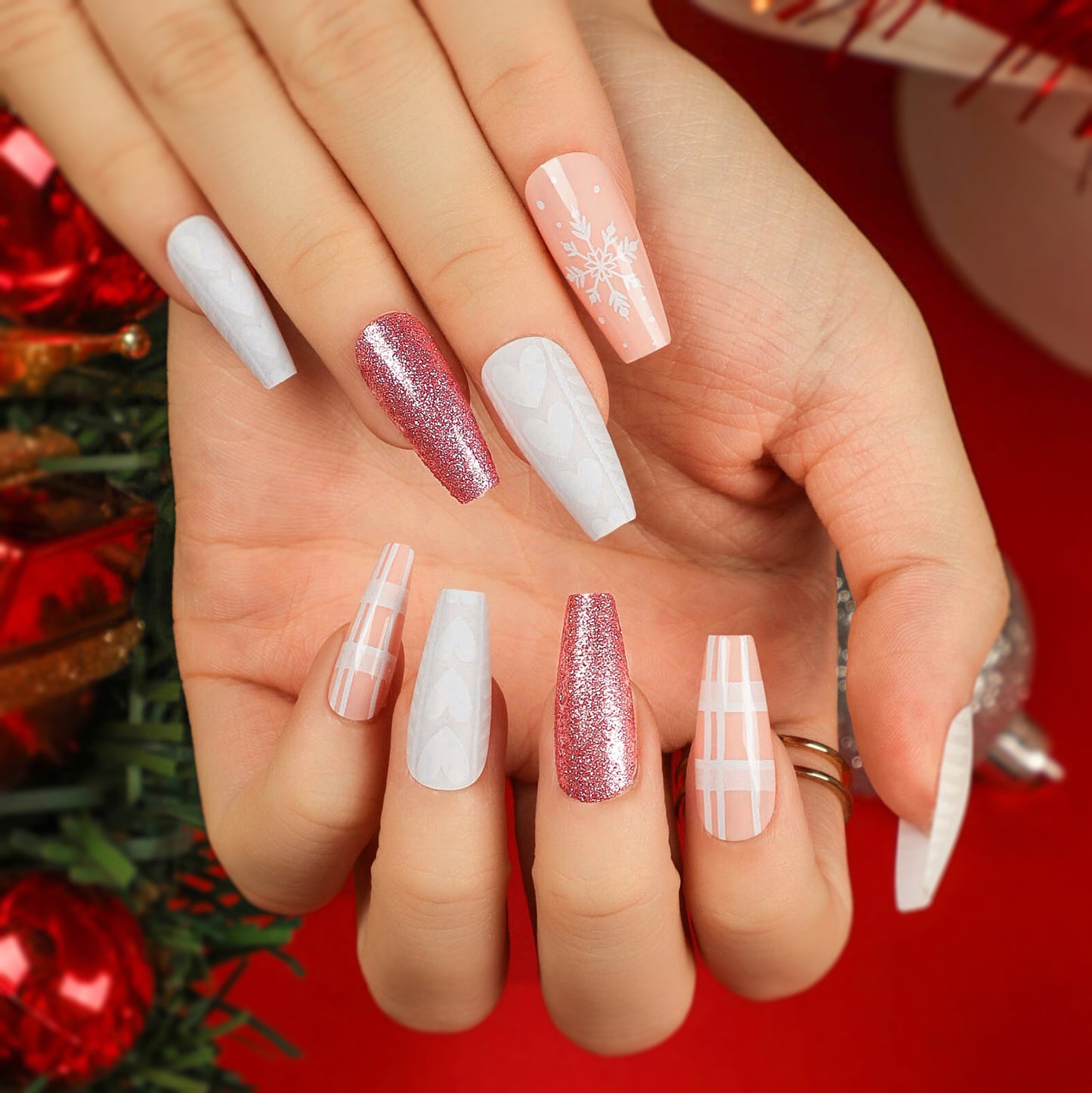 Christmas press on nails snowflake love snowman manicure short almond bow  long nail wholesale｜365nails