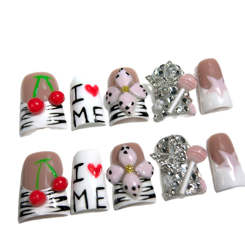 Cute Cherry Letter Star Embellished Press On Nails