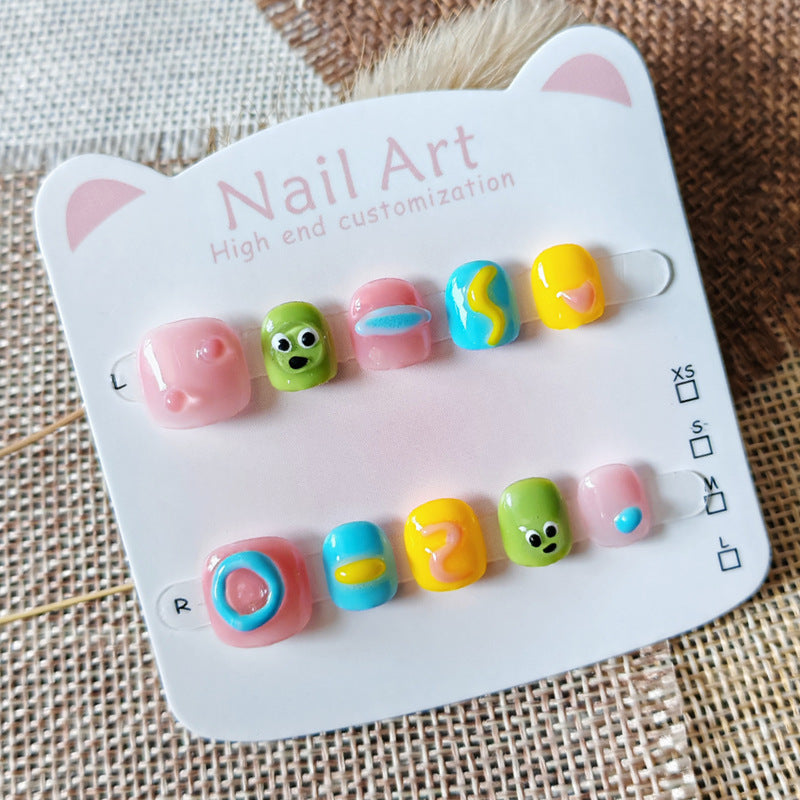 365Nails: "Candy Monster Playground" – Handmade Cute Short Oval Press On Nails With Colorful Monster & Candy Design