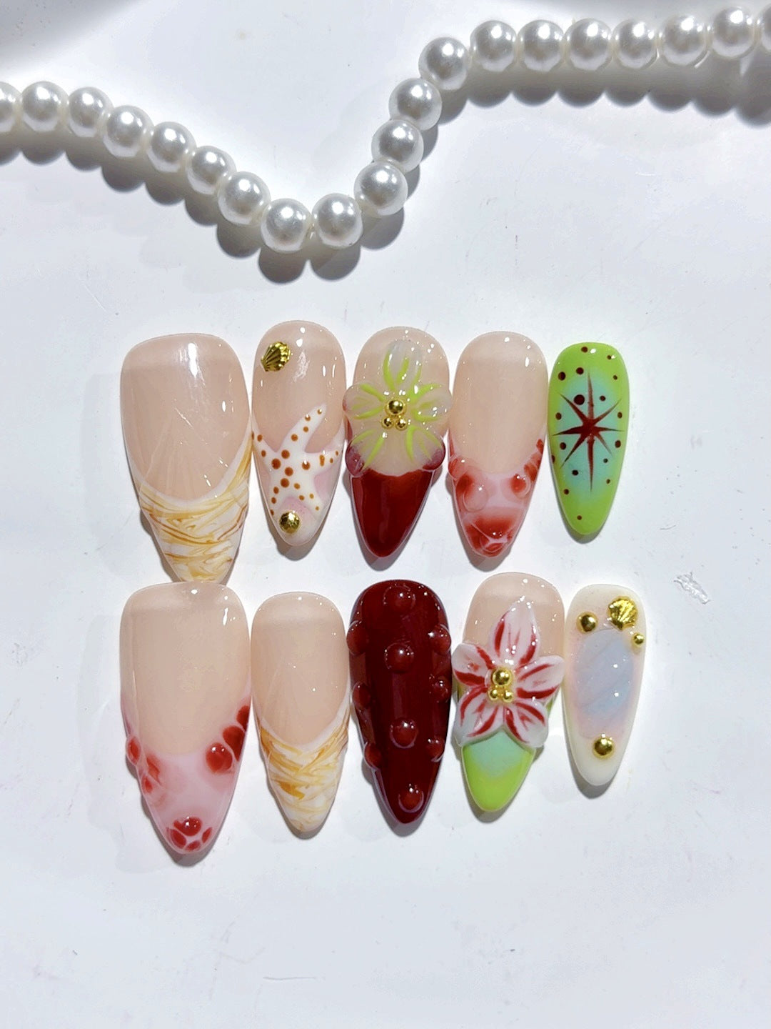 365nails: "Beach Star & Floral" – Unhas Postiças Artesanais Amêndoa Média Florais Marinhas