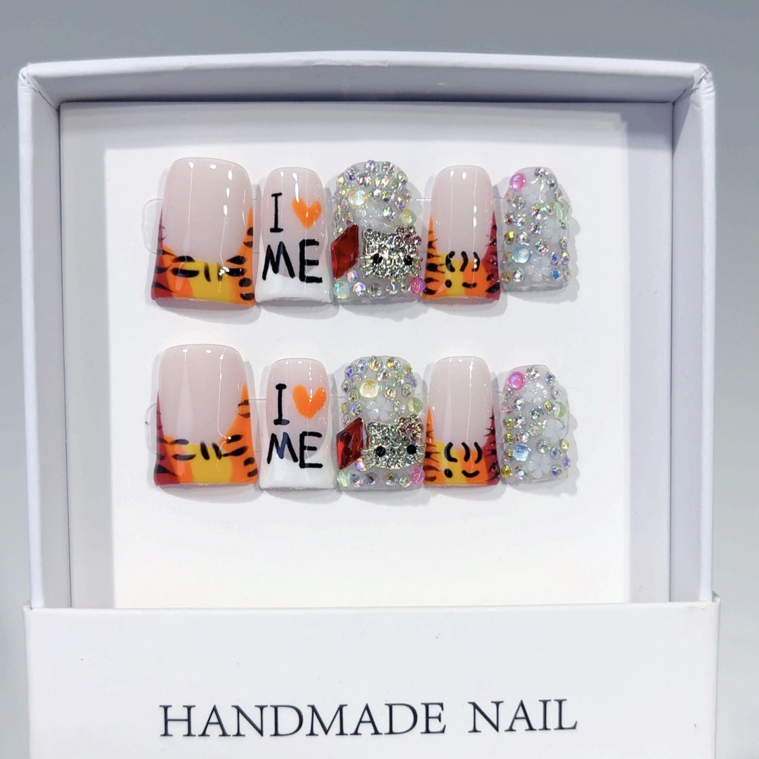 Amour tigre : "Je ❤️ MOI" – court forme carrée fait main ongles press-on