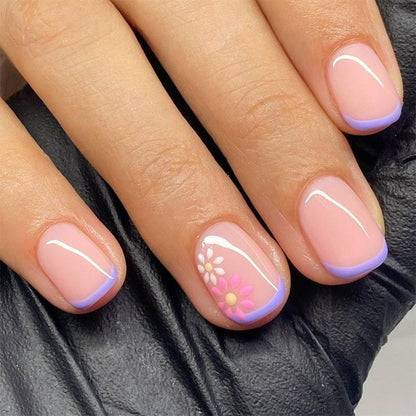 Flowers small fresh ins wind  short square nail manicure piece French purple  ｜365nails