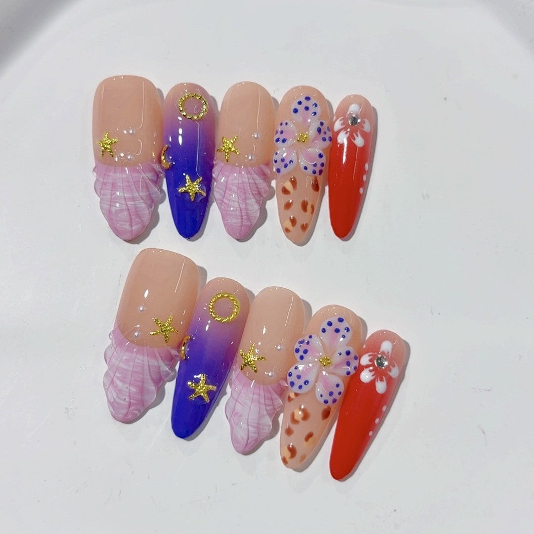 365nails-Fantasia de Sereia: "Concha e Estrela-do-mar" – Unhas Postiças Longas Amendoadas Feitas à Mão
