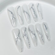 Minimal White-Moon Nails with Silver Shattered Sparkle Lines