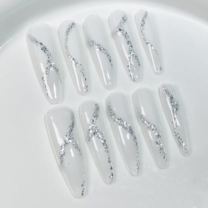 Handmade press-on nails broken flash white moonlight simple temperament elegant nail patch ice through fake nails｜365nails