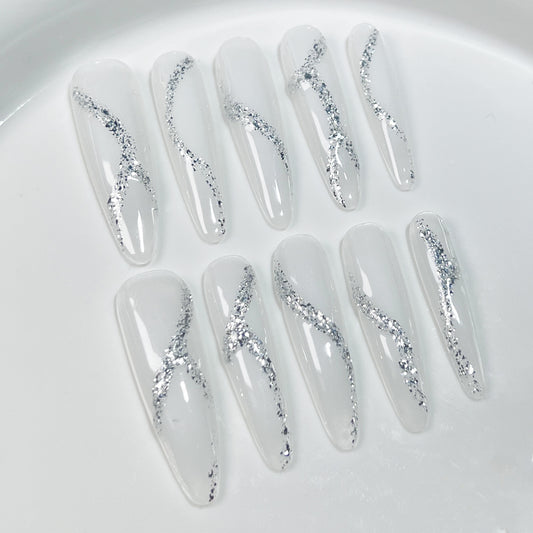 Handmade press-on nails broken flash white moonlight simple temperament elegant nail patch ice through fake nails｜365nails