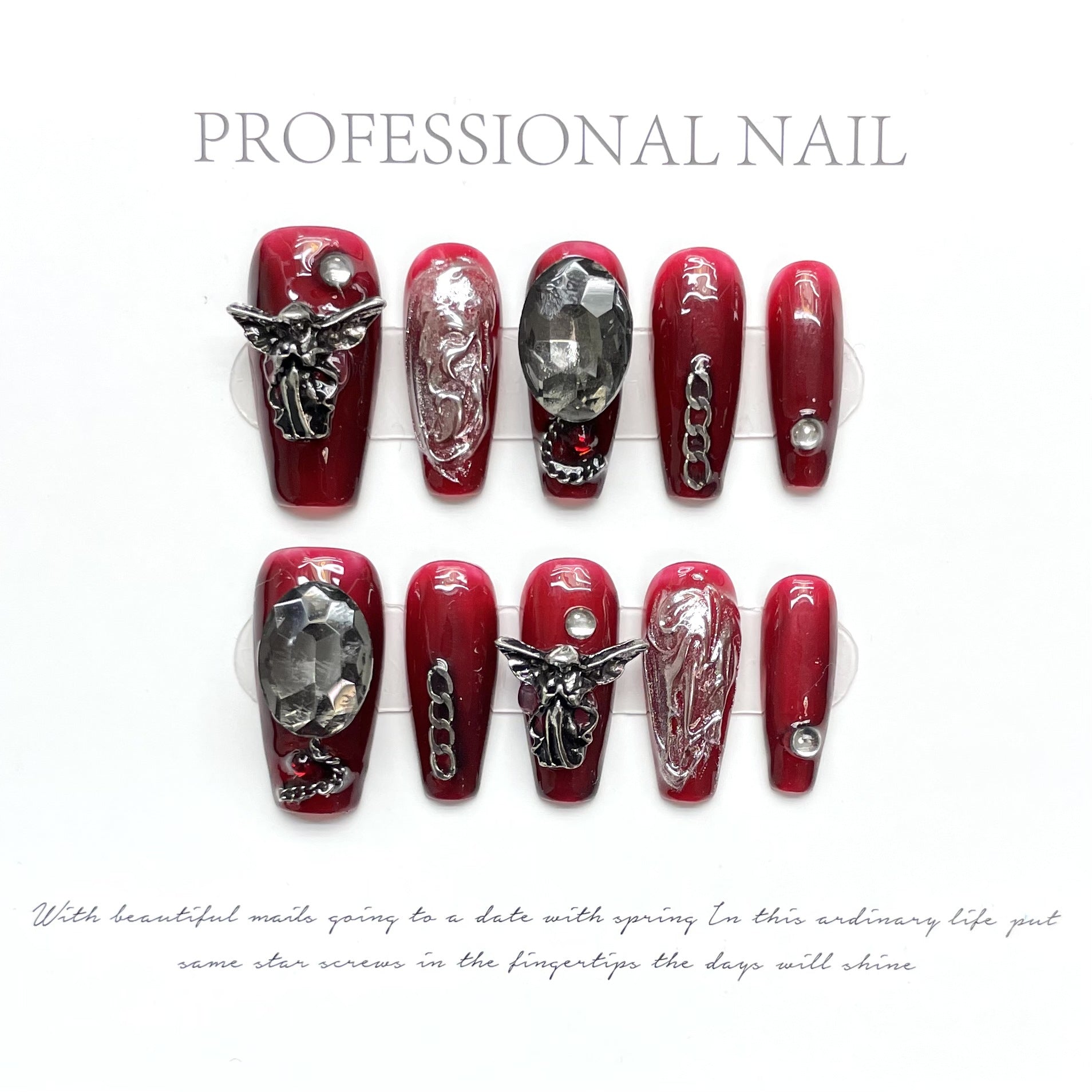 [Diseño] Uñas postizas hechas a mano, diseño Dark Loli, mariposa, alas, cruz, color rojo sangre, producto terminado | 365nails