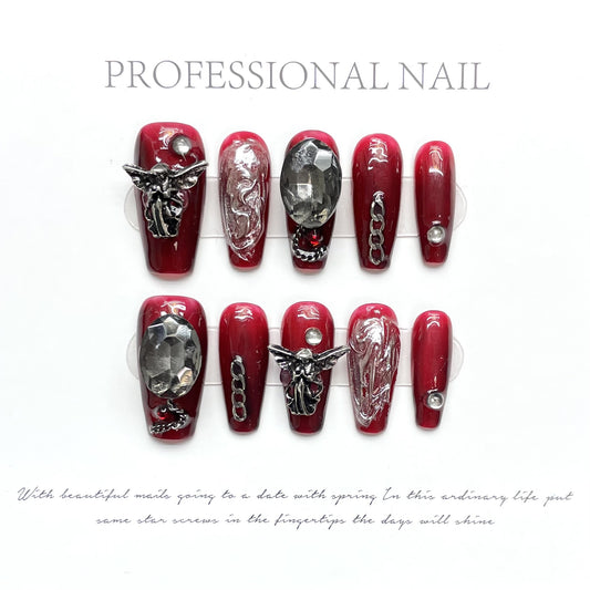 [Design] Handmade press-on nails Dark Loli Blood Red Butterfly Wings Cross Nail Art Finished Product | 365nails