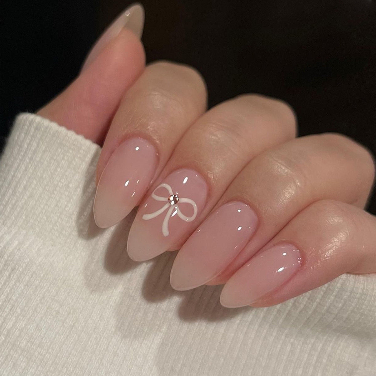 Uñas postizas cortas con lazo blanco y armadura, color piel, venta al por mayor | 365nails