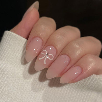 Simple white bow wearing armor short nude ins nail press o n nails wholesale｜365nails