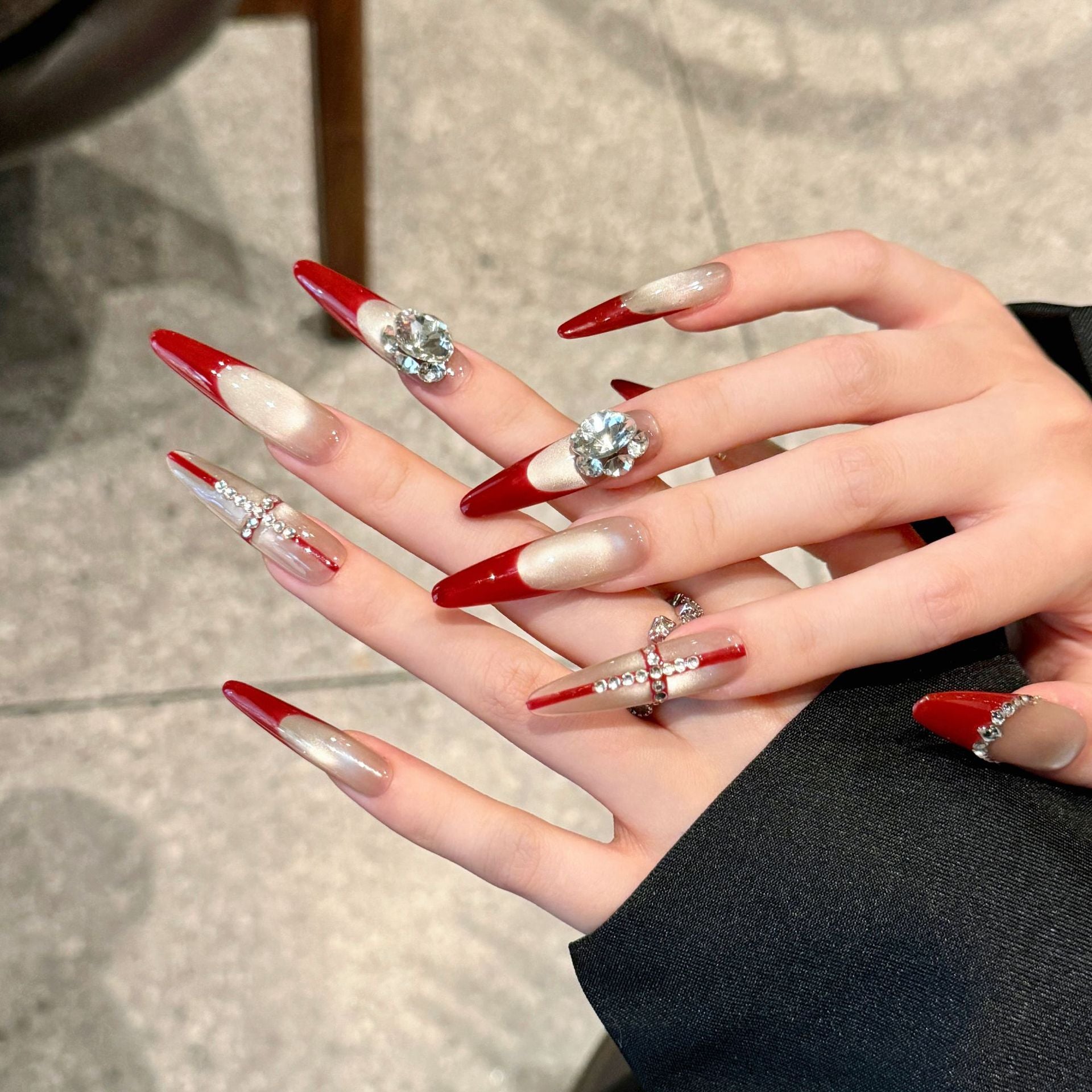 365nails: "Crimson Royalty" – 3D Diamond French Handmade Stiletto Nails