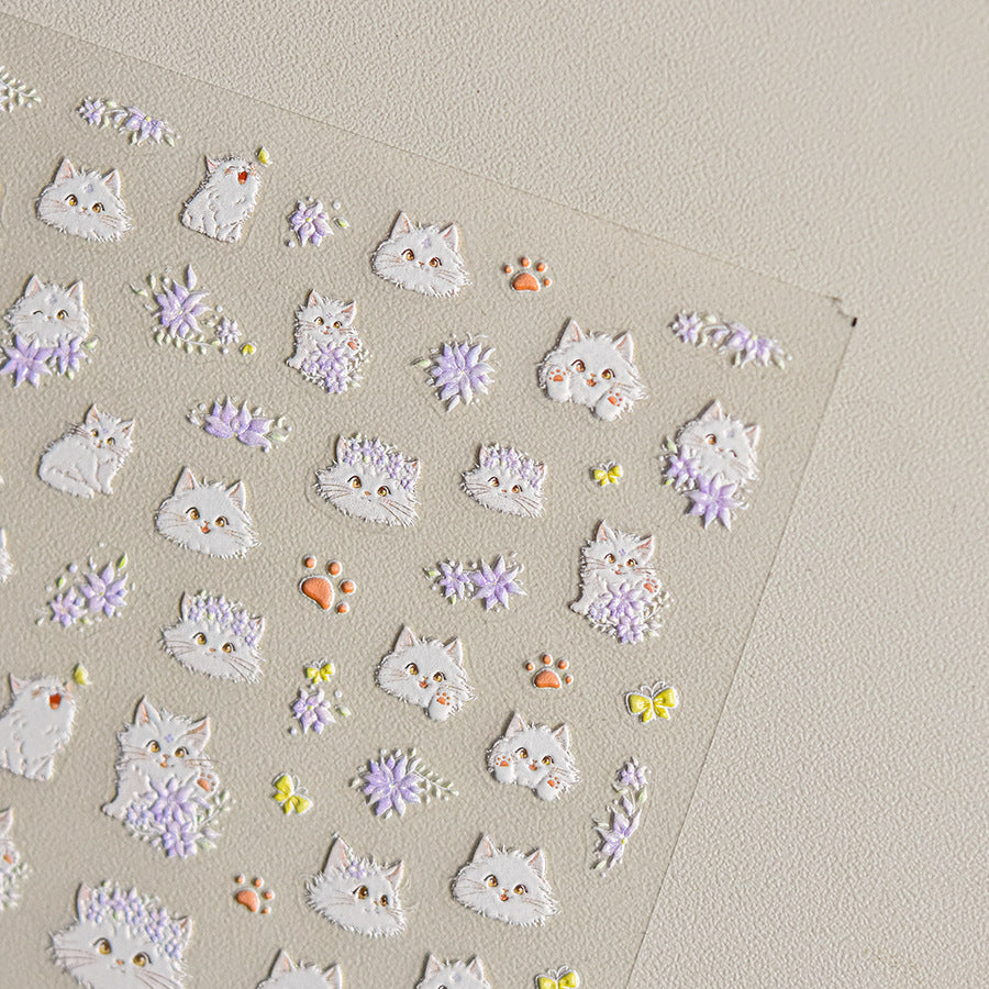 Fluffy White Cat & Floral – 5D Embossed Cute Nail Art Set