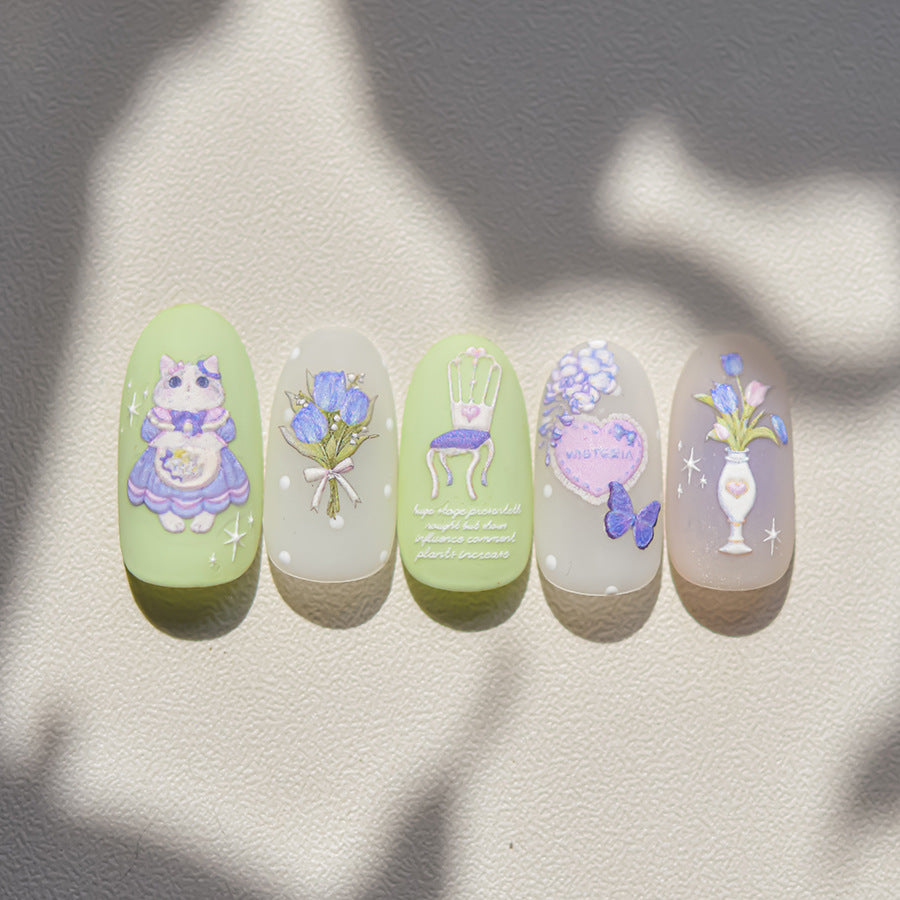 Purple Lolita Cat & Floral：「薰衣草貓咪茶會」— 5D浮雕甲貼