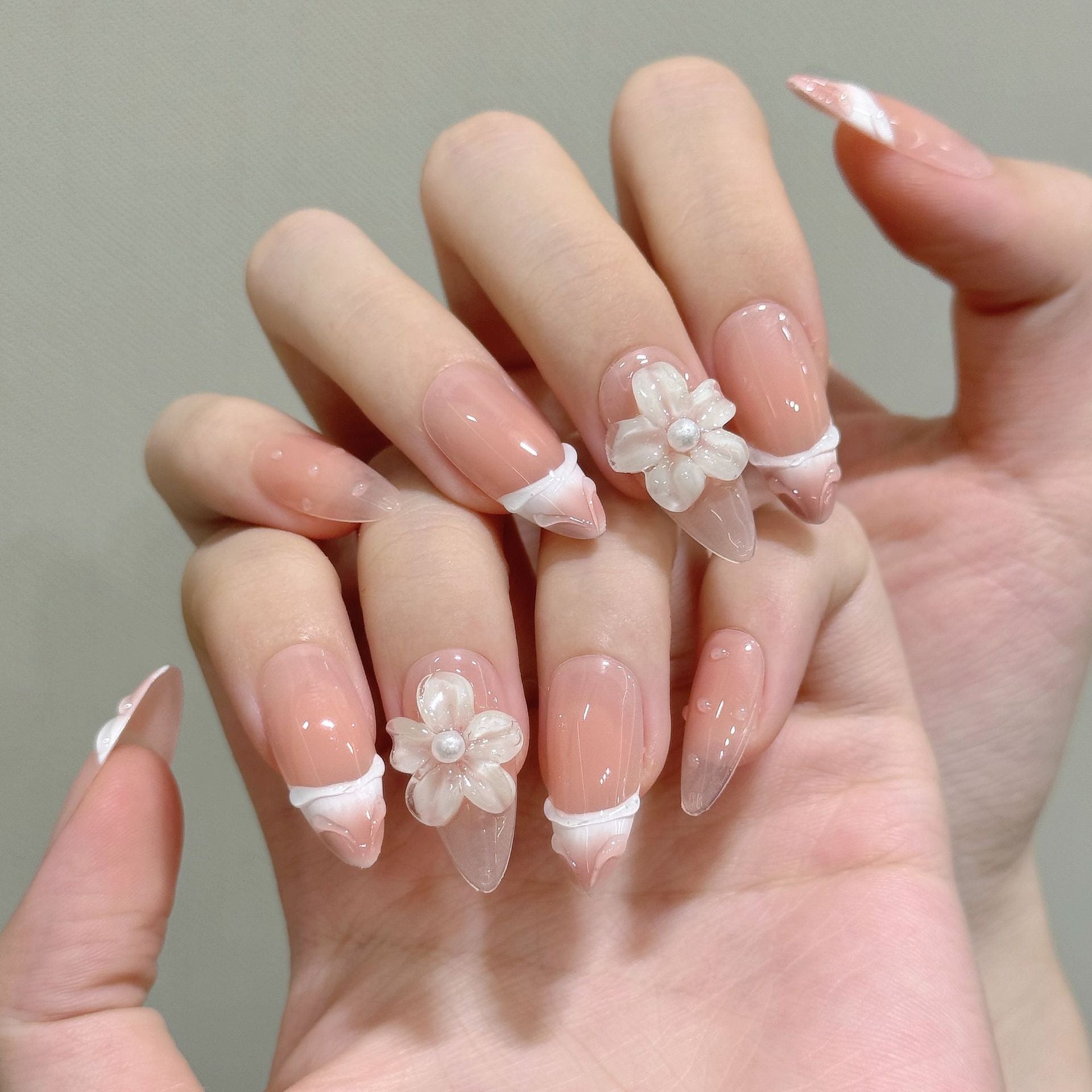 Water Drop Ice Flower Blush Gradient French Ice Sculpture Flower False Nails Wear Nail | 365nails