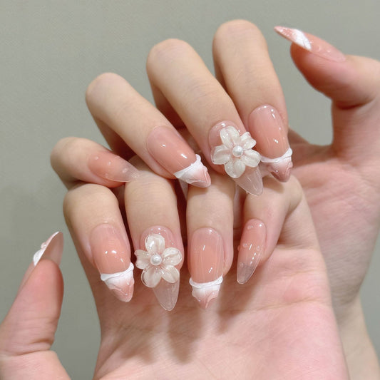 Water Drop Ice Flower Blush Gradient French Ice Sculpture Flower False Nails Wear Nail | 365nails